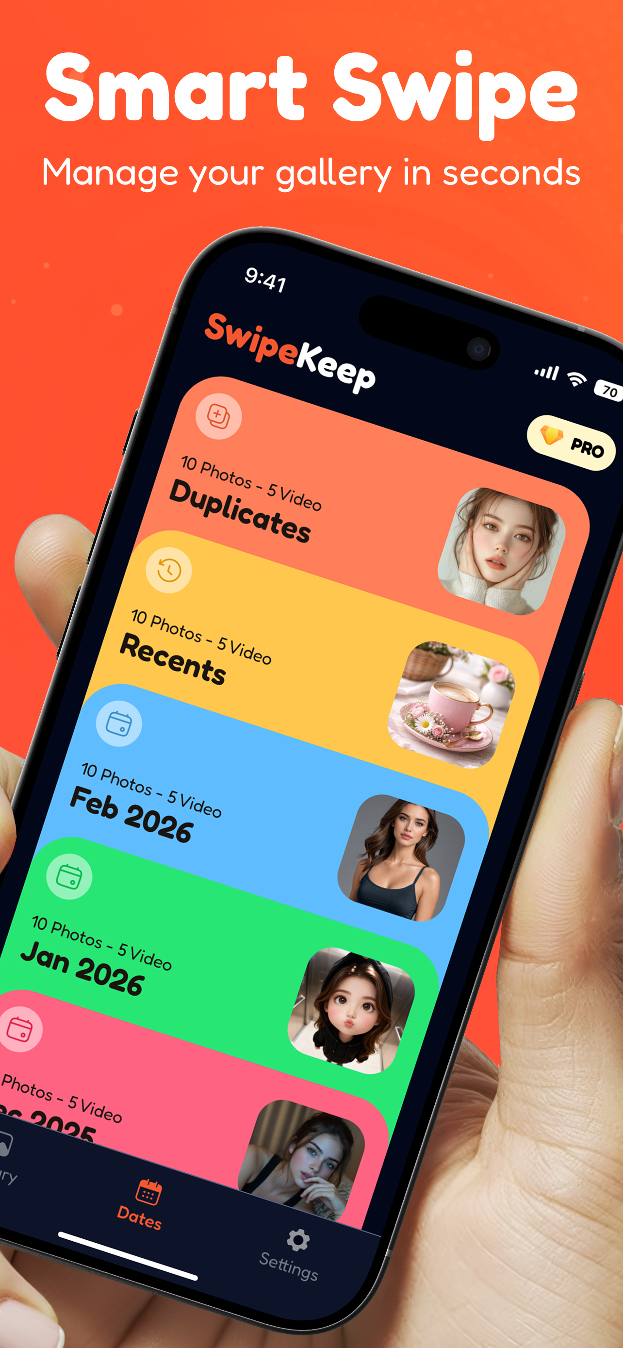 SwipeKeep screen showing swipe-based photo review