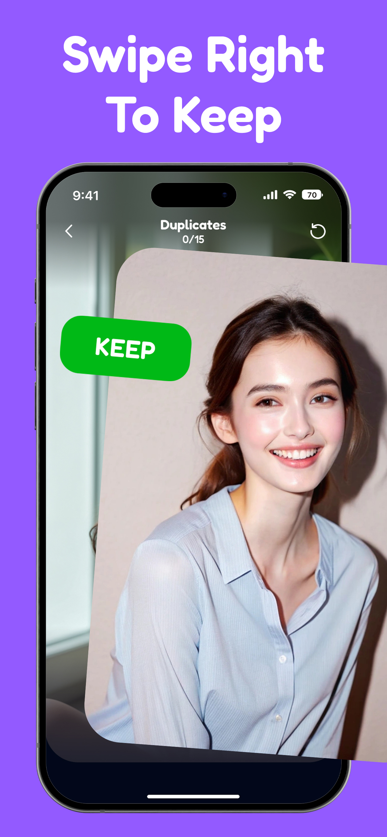 SwipeKeep screen showing gallery organization by category