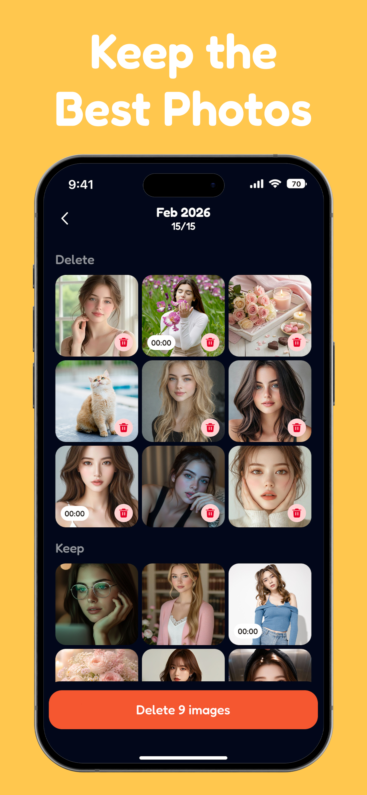 SwipeKeep screen showing photo keep or delete decisions
